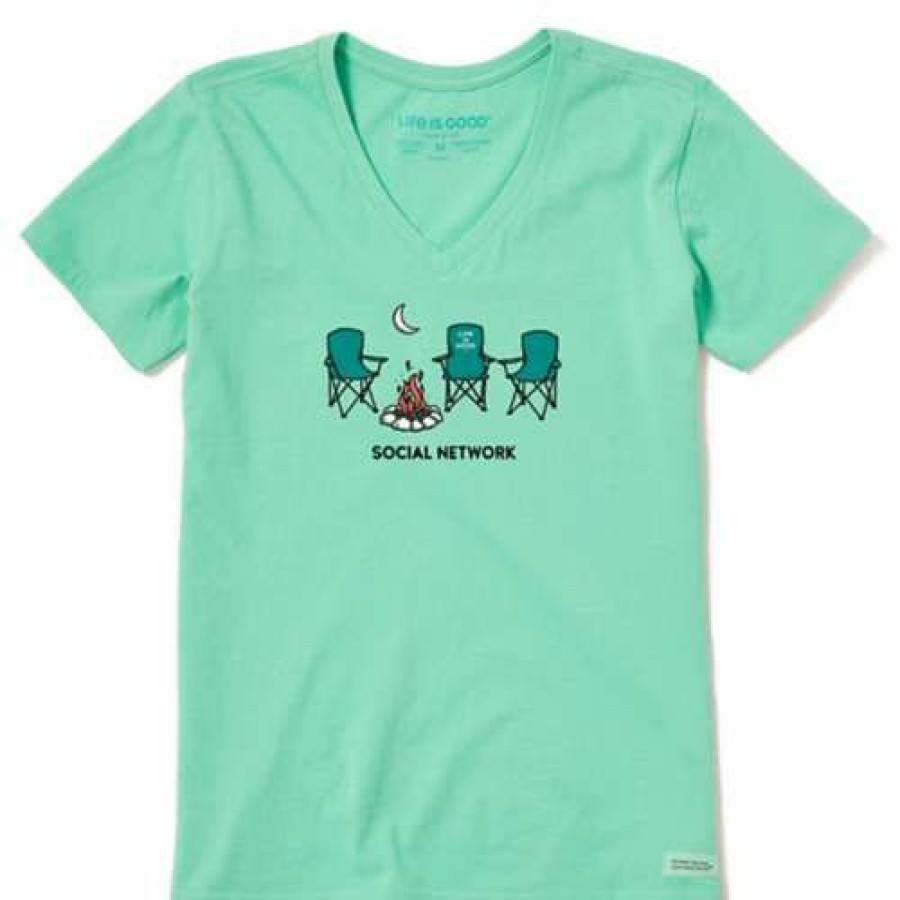 Clothing * | Best Sale Shirts Women'S Life Is Good Social Network Camp Crusher Lite V-Neck T-Shirt Spearmint Green