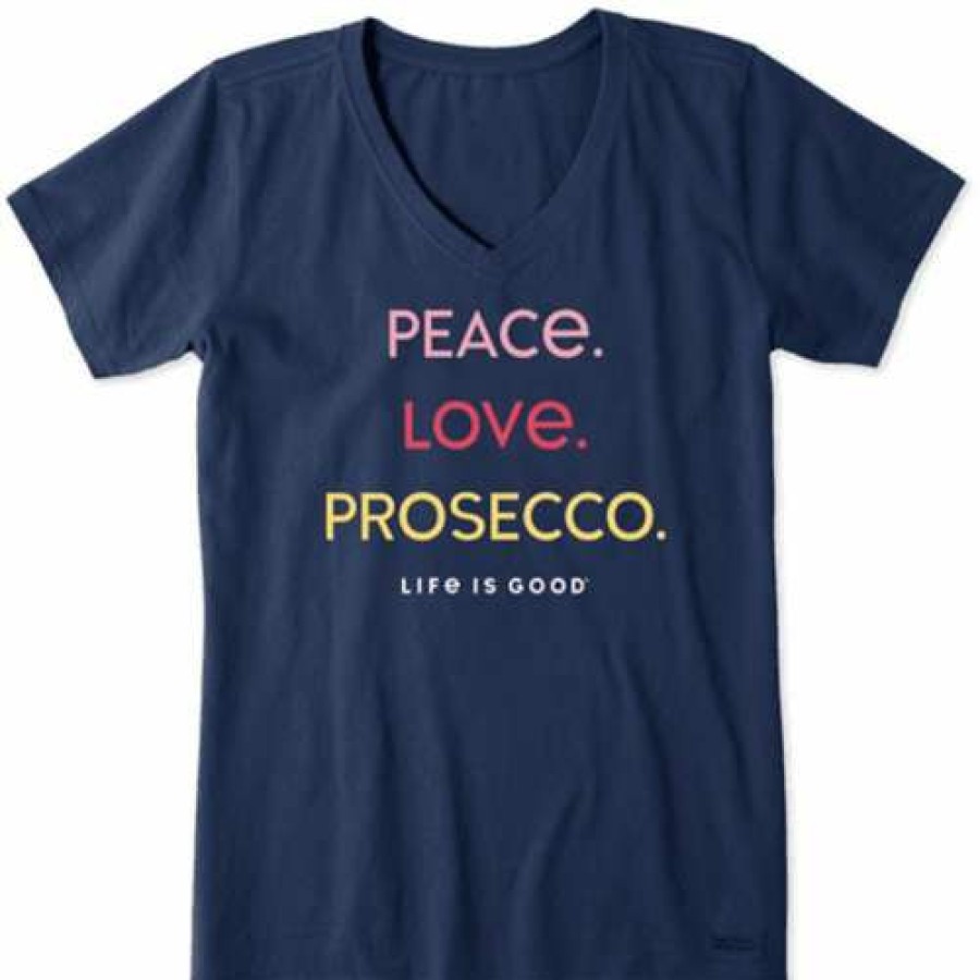 Clothing * | Cheap Shirts Women'S Life Is Good Peace Love Prosecco Crusher Lite V-Neck T-Shirt Darkest Blue