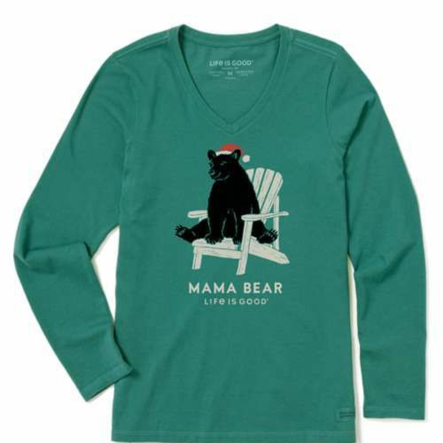 Clothing * | Hot Sale Shirts Women'S Life Is Good Mama Bear Holiday Adiron Long Sleeve T-Shirt Spruce