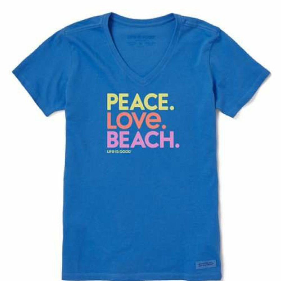 Clothing * | Best Pirce Shirts Women'S Life Is Good Peace Love Beach Crusher V-Neck T-Shirt Royal Blue