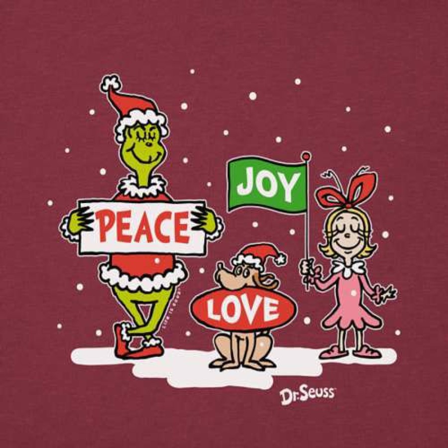 Clothing * | Brand New Shirts Women'S Life Is Good Grinch Peace Love Joy Long Sleeve T-Shirt Cranberry