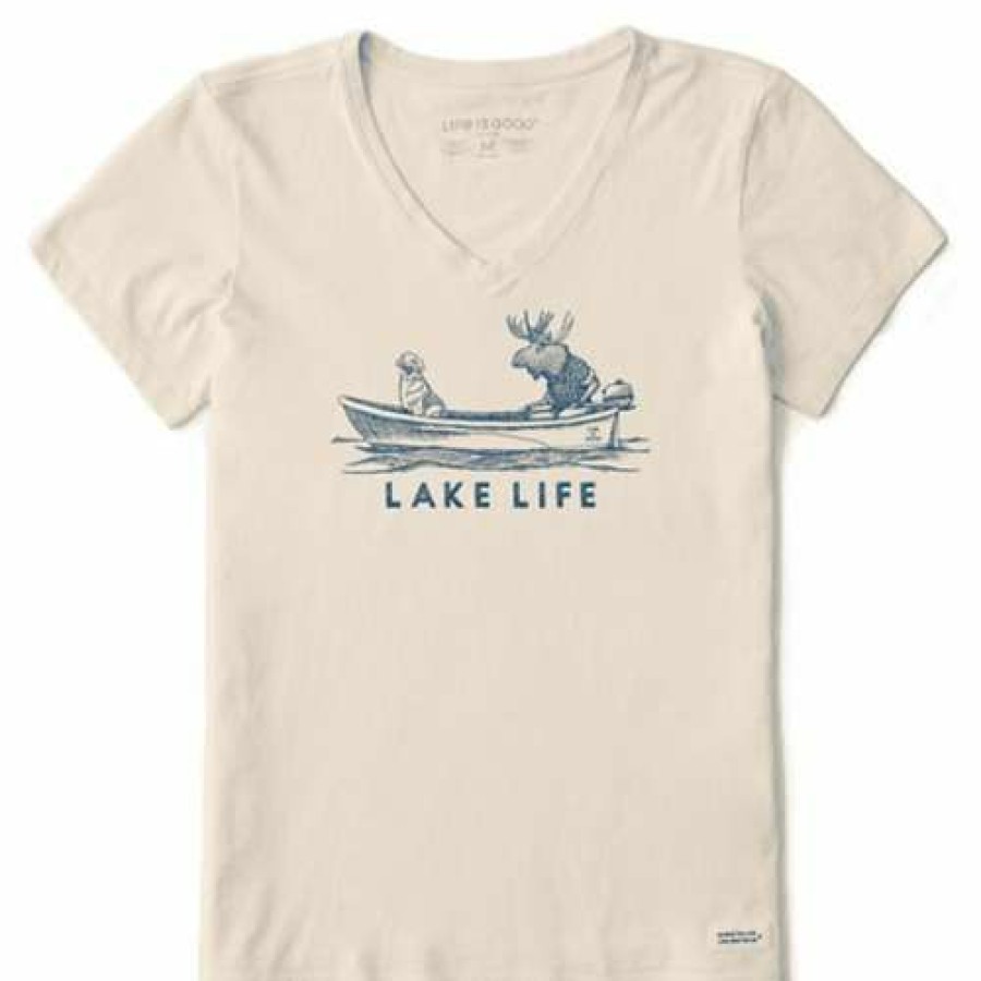 Clothing * | Flash Sale Shirts Women'S Life Is Good Lake Life Moose Short Sleeve T-Shirt Putty White