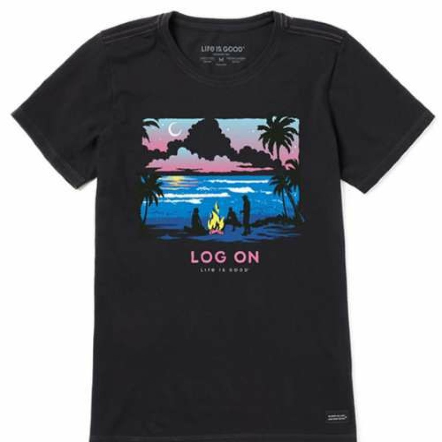 Clothing * | Promo Shirts Women'S Life Is Good Log On Bonfire Crusher Lite T-Shirt Jet Black