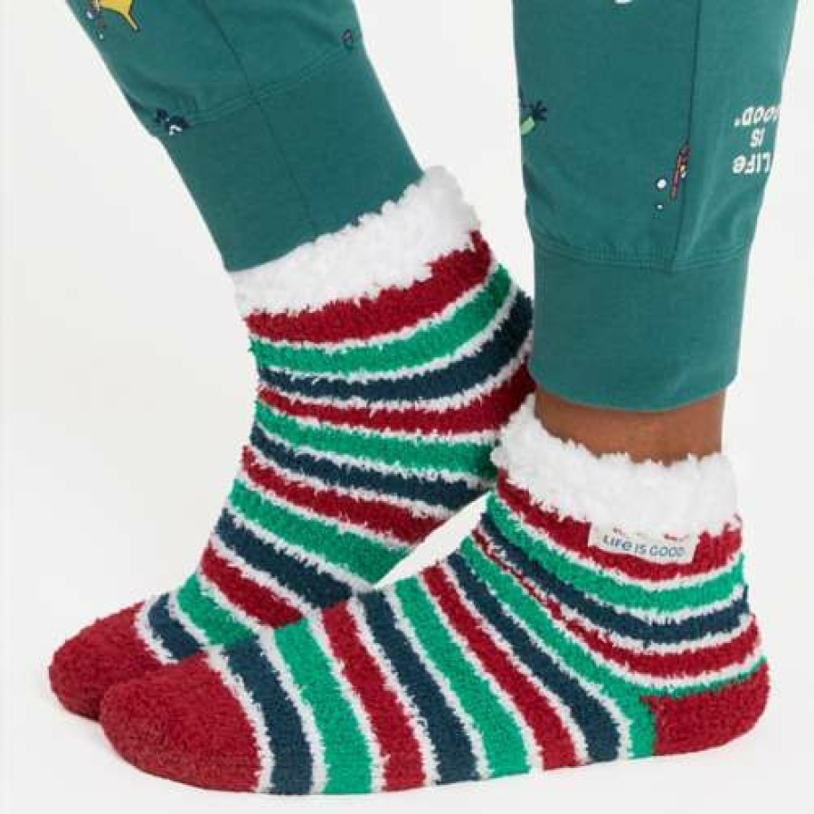 Clothing * | Buy Women'S Life Is Good Jolly Holiday Slipper Crew Socks Positve Red