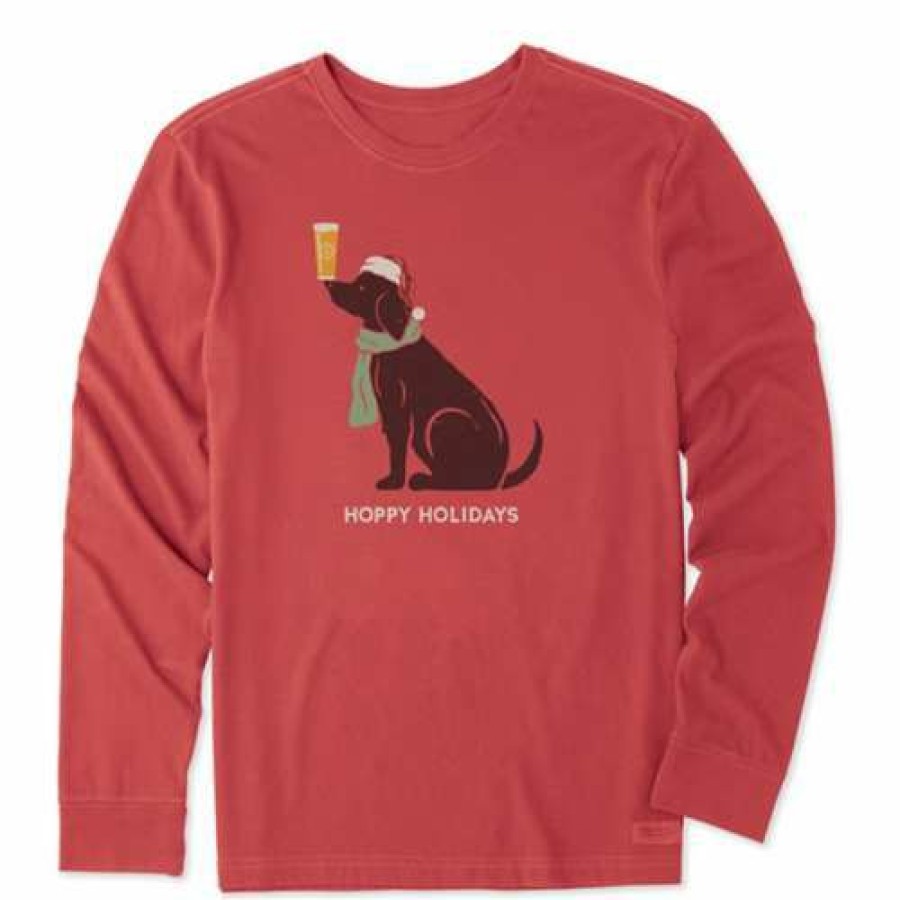 Clothing * | Flash Sale Shirts Men'S Life Is Good Hoppy Holidays Man'S Best Friend Long Sleeve Crusher T-Shirt Red