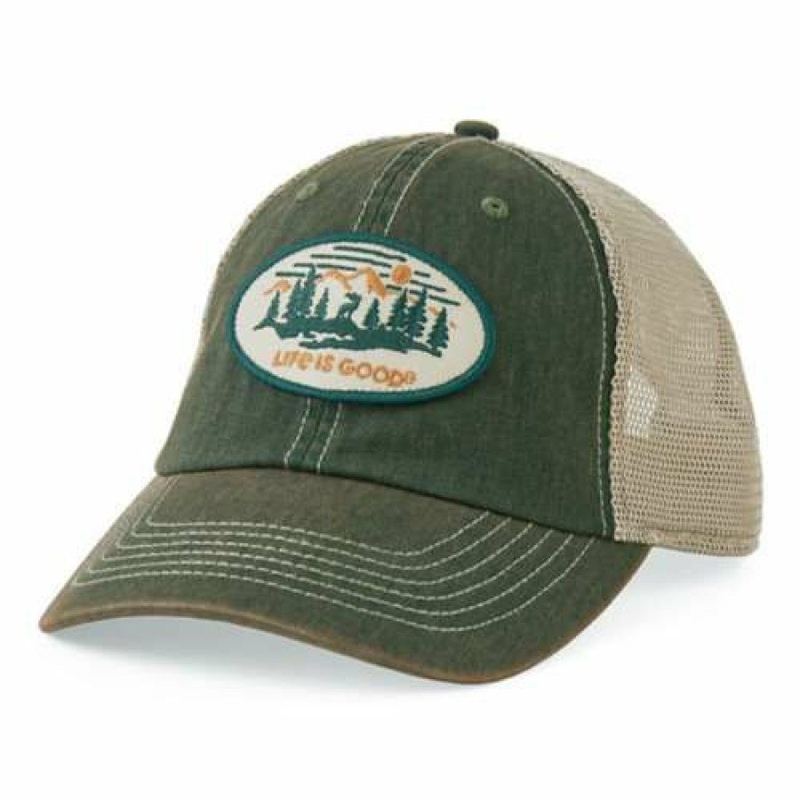 Accessories * | Cheapest Hats & Caps Men'S Life Is Good Deer Scenic Old Favorite Mesh Back Snapback Hat Spruce Green