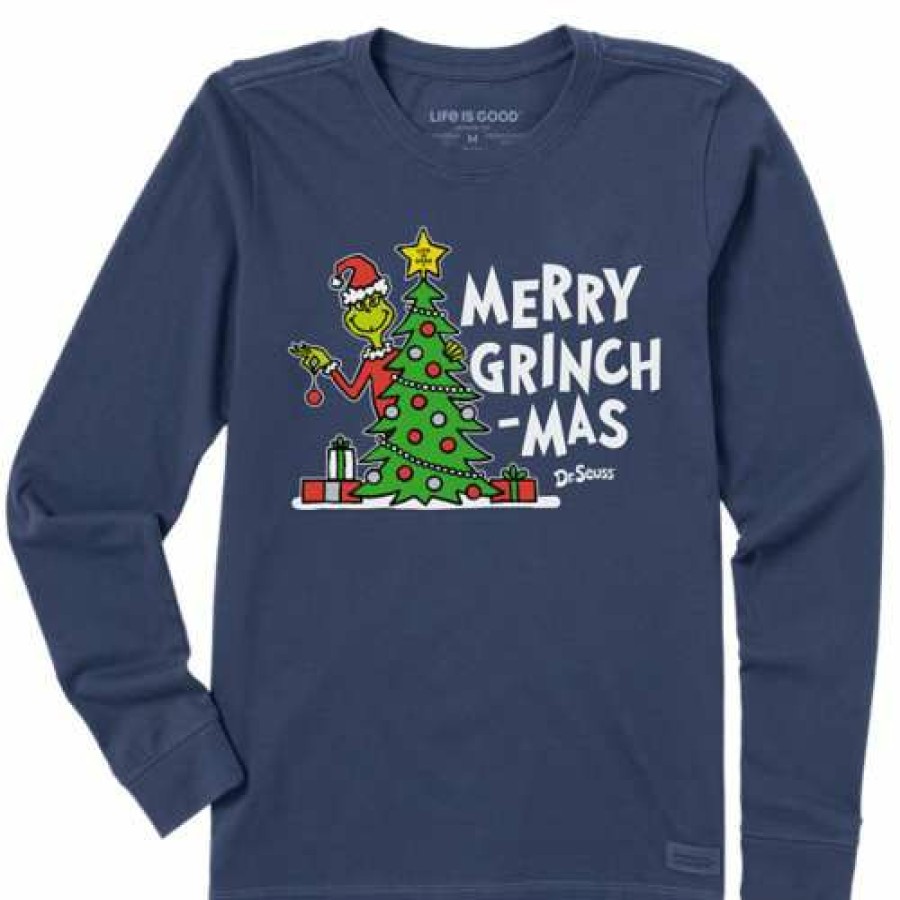 Clothing * | Cheapest Shirts Women'S Life Is Good Merry Grinchmas Long Sleeve T-Shirt Dark Blue