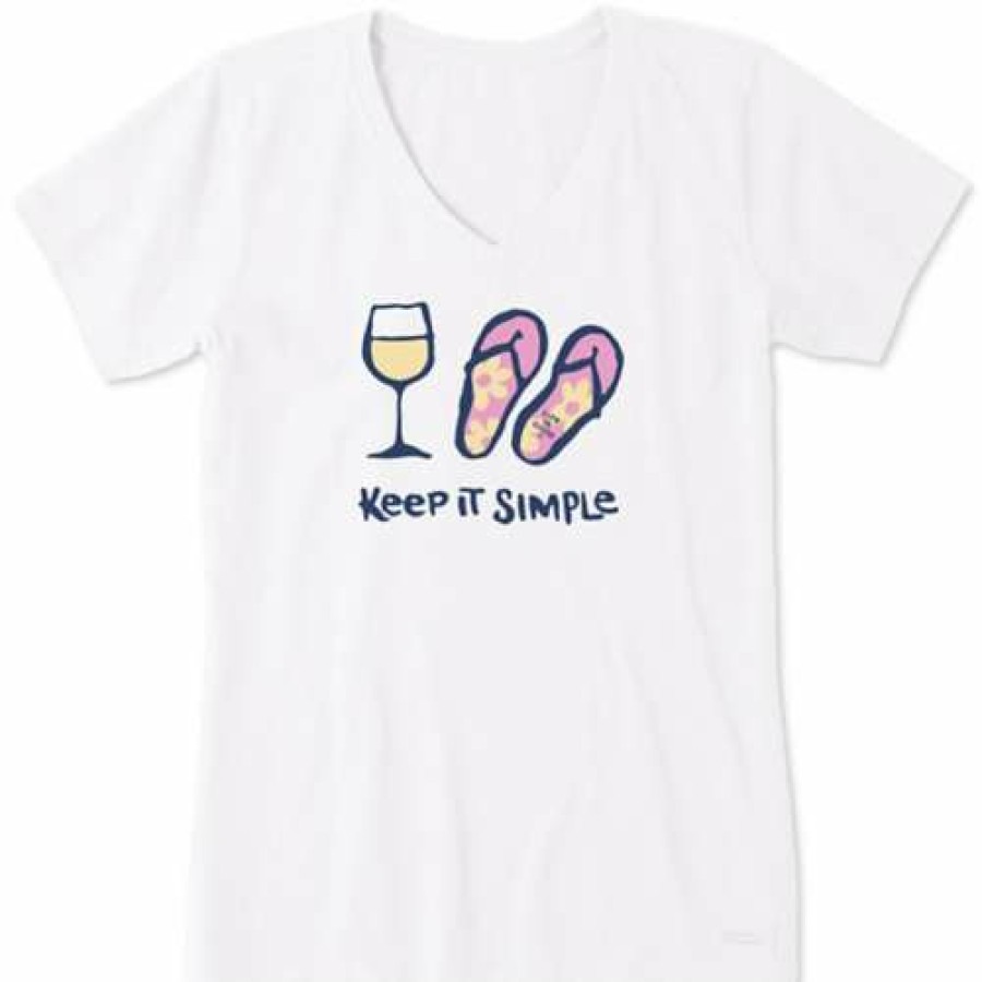 Clothing * | Top 10 Shirts Women'S Life Is Good Keep It Simple Wine & Flips Crusher-Lite V-Neck T-Shirt Cloud White