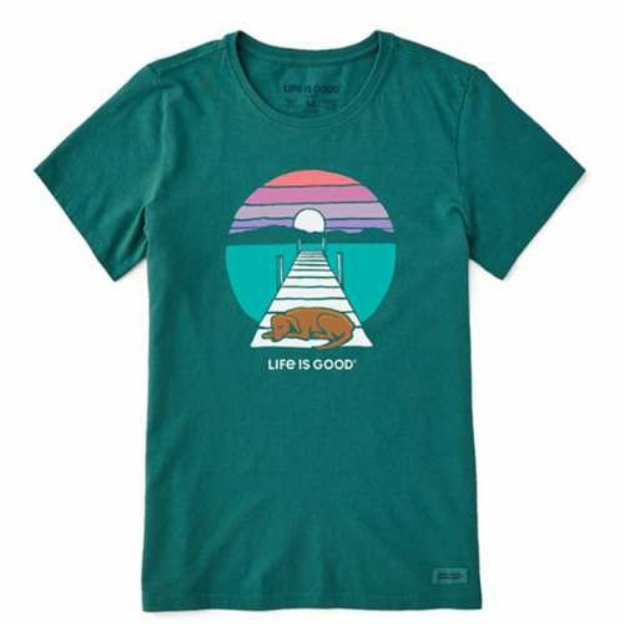 Clothing * | Budget Shirts Women'S Life Is Good Dock Dog Sunset Crusher Lite T-Shirt Spruce Green