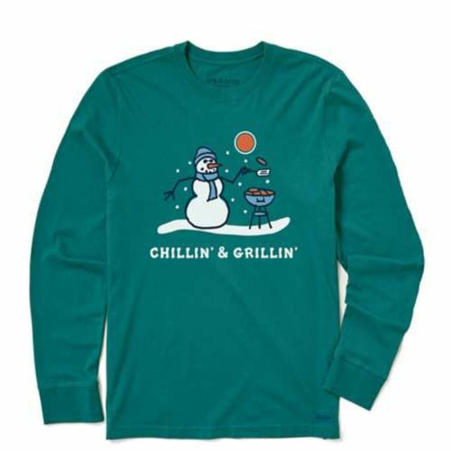 Clothing * | Budget Shirts Men'S Life Is Good Chillin' & Grillin' Snowman Long Sleeve Crusher-Lite T-Shirt Green