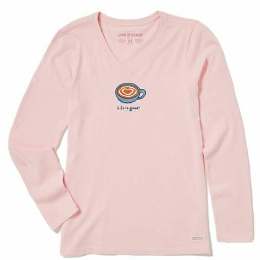 Clothing * | Deals Shirts Women'S Life Is Good Little Latte Heart Long Sleeve T-Shirt Himalayan Pink