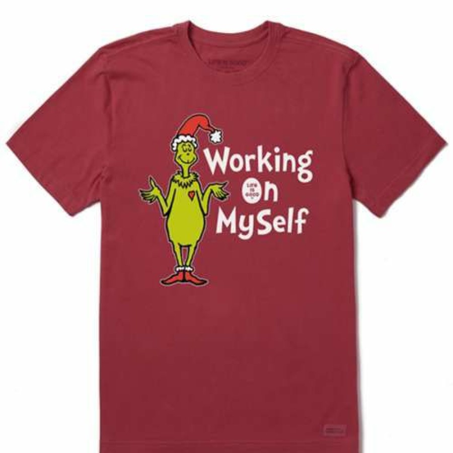 Clothing * | Promo Shirts Men'S Life Is Good Grinch Working On Myself Crusher T-Shirt Red Cranberry