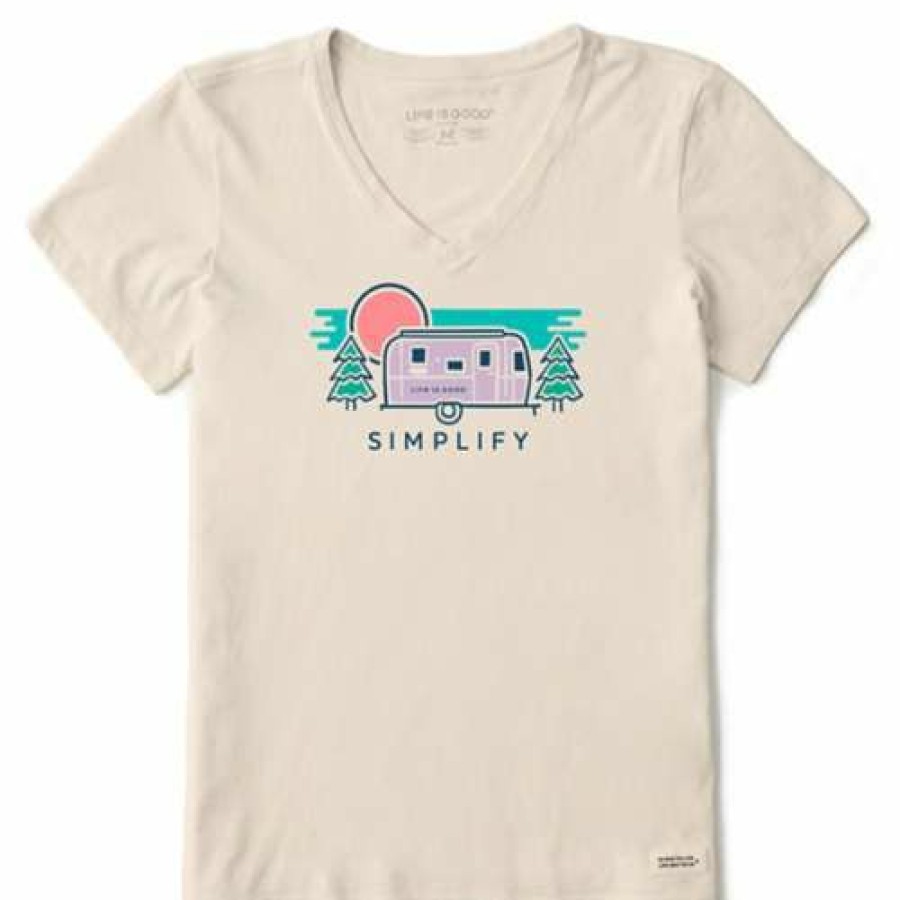 Clothing * | Wholesale Shirts Women'S Life Is Good Simplify Camper Crusher V-Neck T-Shirt Putty White