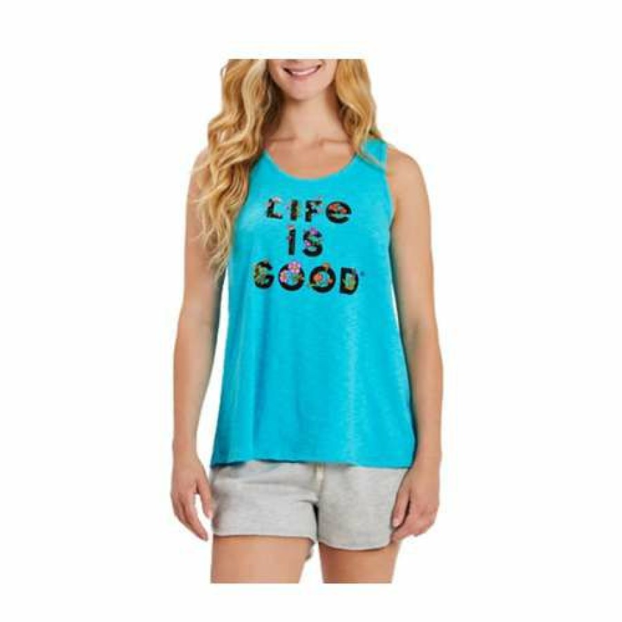 Clothing * | Best Reviews Of Tanks Women'S Life Is Good Stack Flowers Textured Slub Tank Top Island Blue