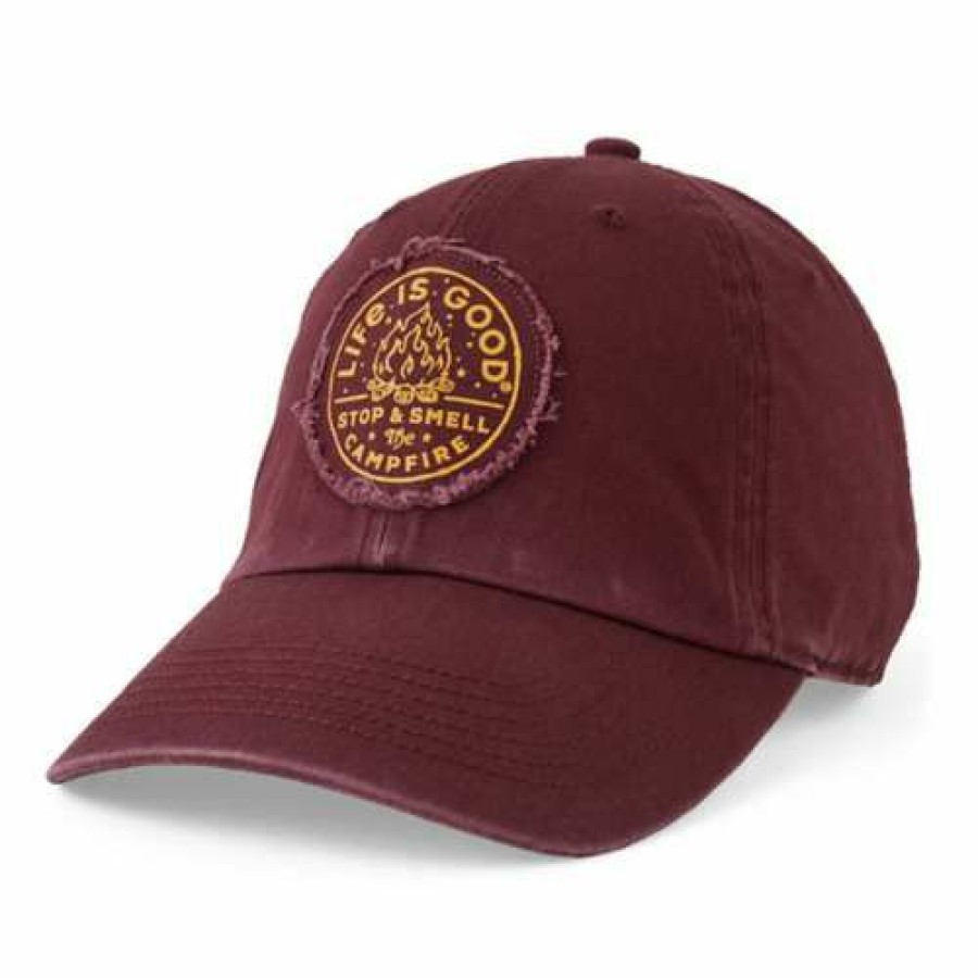 Accessories * | Top 10 Hats & Caps Women'S Life Is Good Smell The Campfire Tattered Chill Adjustable Hat Mahogany Brown