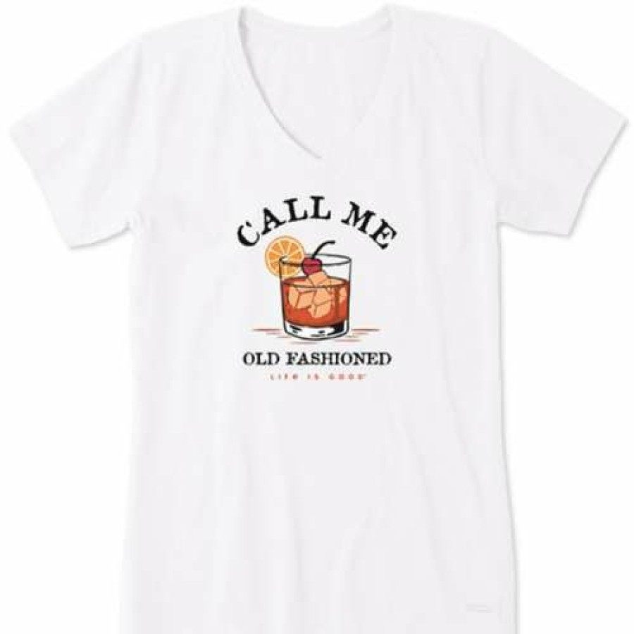 Clothing * | Top 10 Shirts Women'S Life Is Good Call Me Old Fashioned Crusher V-Neck T-Shirt Cloud White