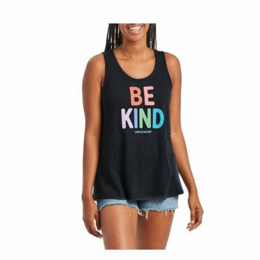 Clothing * | Cheapest Tanks Women'S Life Is Good Be Kind Textured Slub Tank Top Jet Black