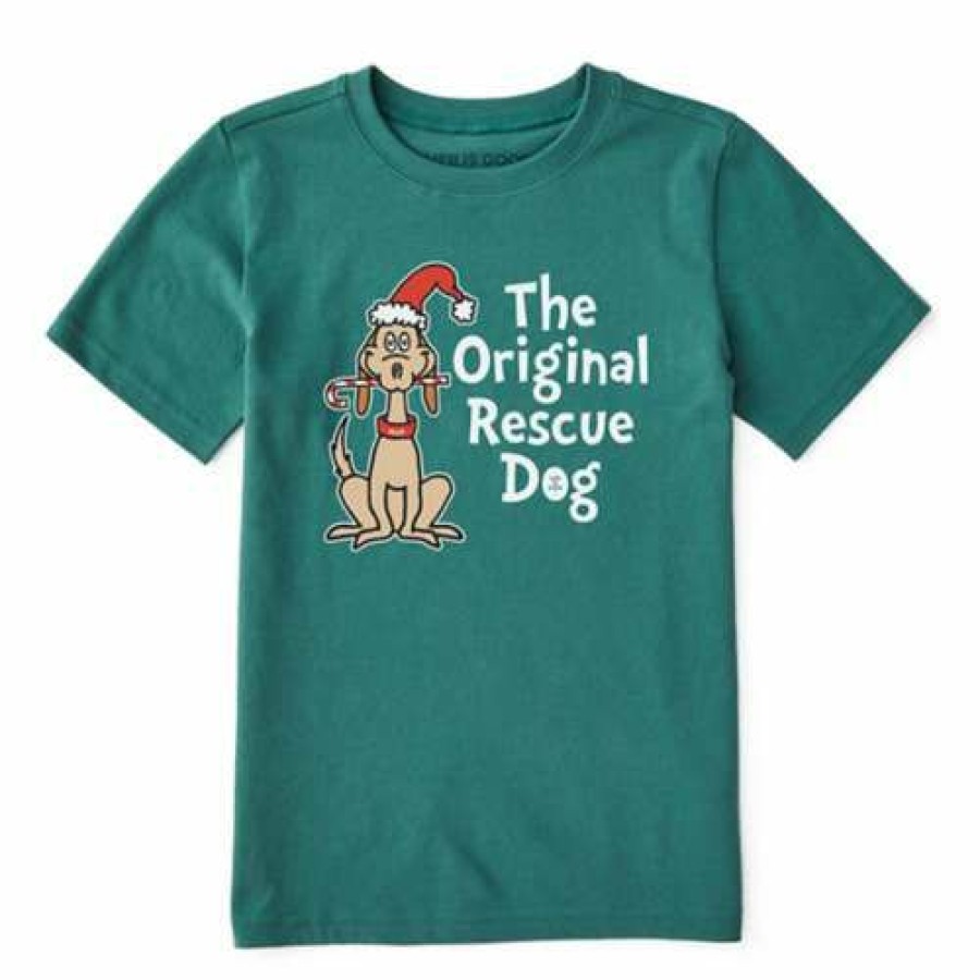 Clothing * | Discount Shirts Kids' Life Is Good Max Rescue Dog T-Shirt Spruce Green