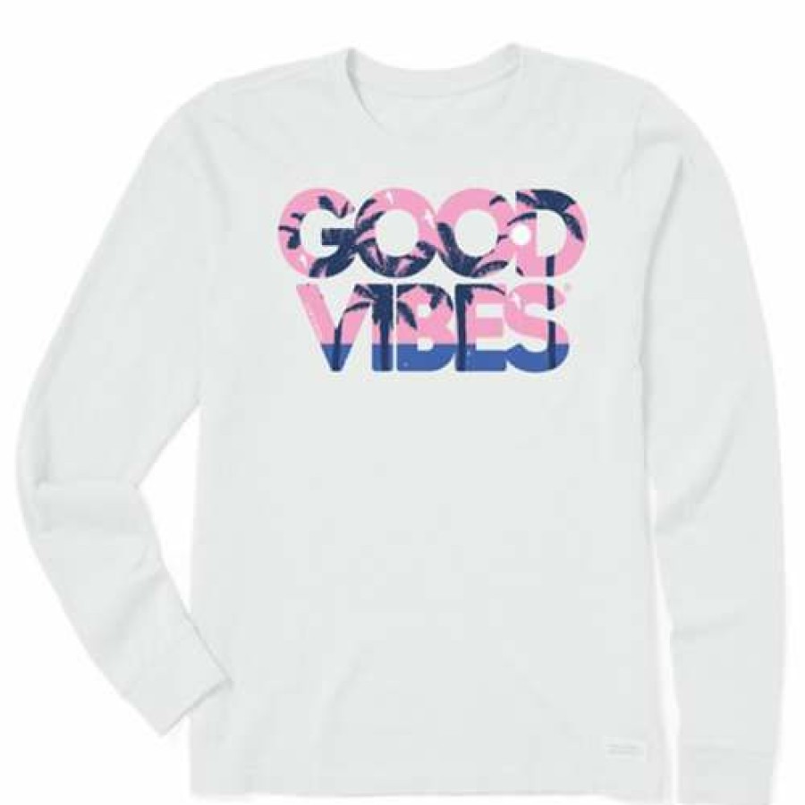 Clothing * | Hot Sale Shirts Women'S Life Is Good Good Vibes Beach Long Sleeve Crusher Lite T-Shirt Cloud White