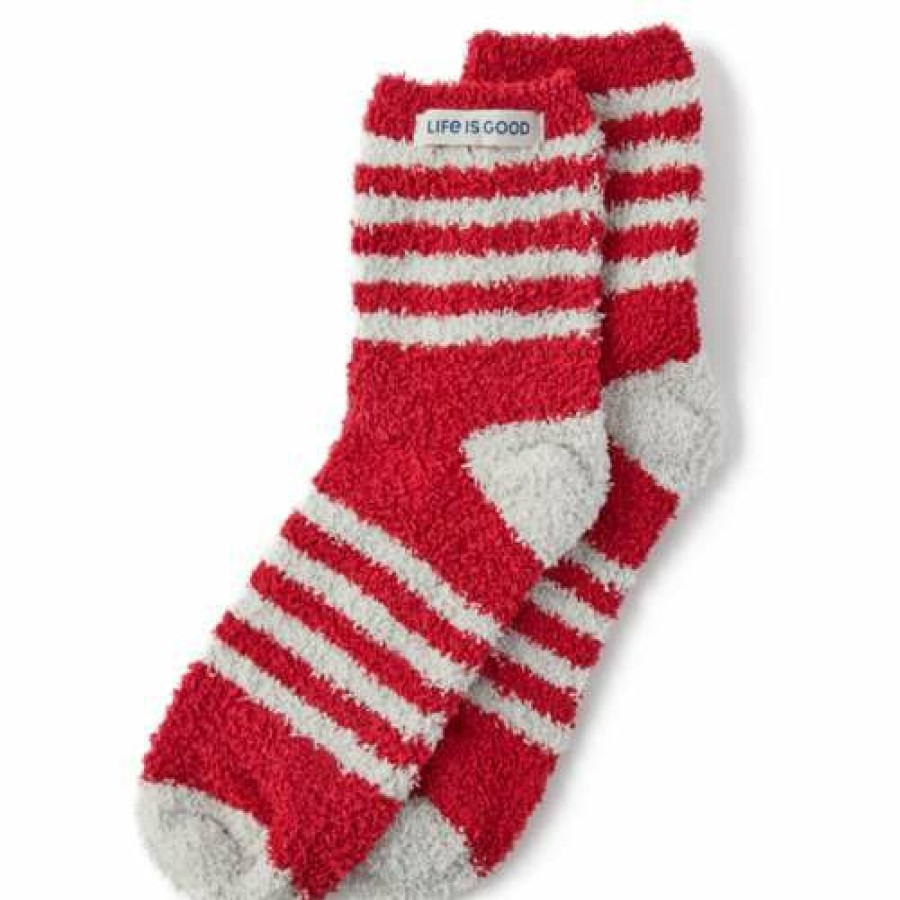 Clothing * | Top 10 Women'S Life Is Good Holiday Stripe Snuggle Crew Socks Positve Red