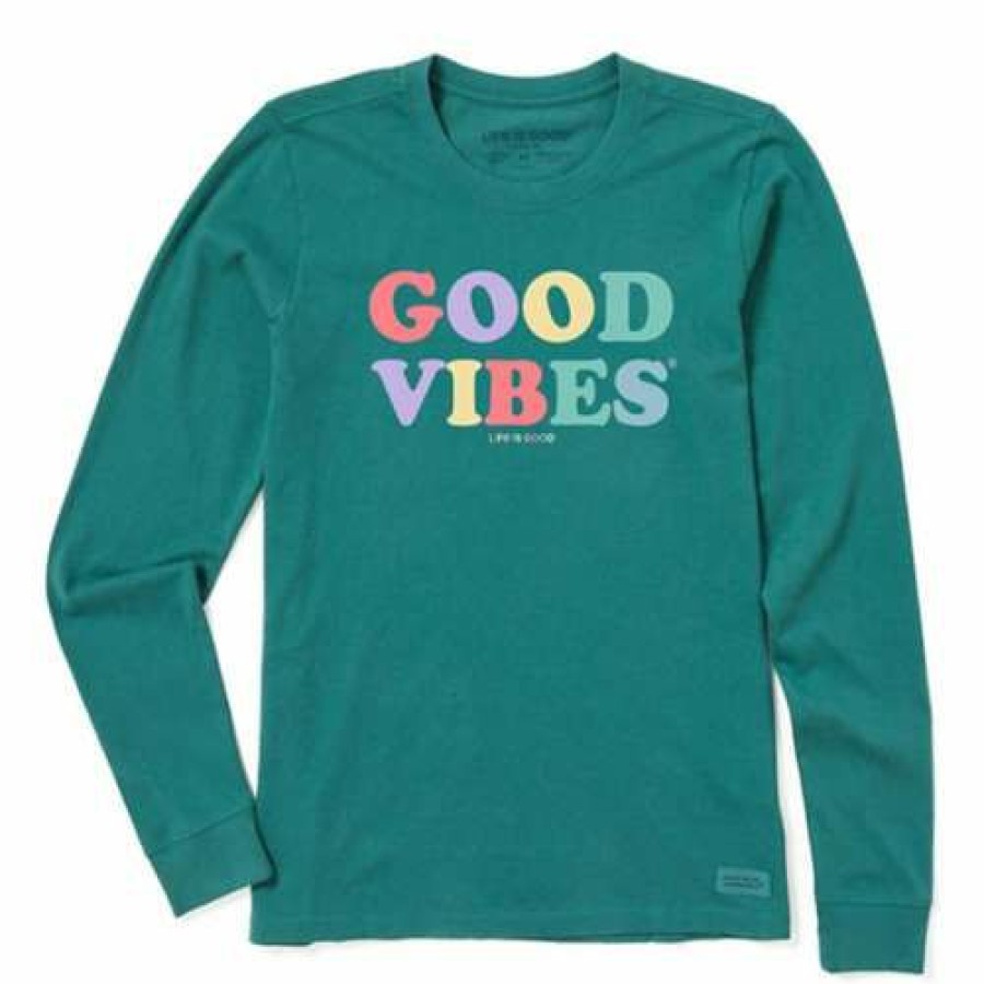 Clothing * | Coupon Shirts Women'S Life Is Good Good Vibes Long Sleeve T-Shirt Spruce Green