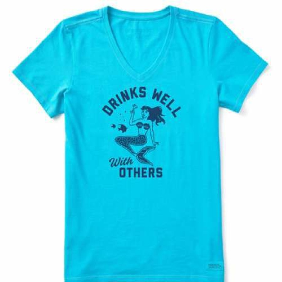 Clothing * | Top 10 Shirts Women'S Life Is Good Drinks Well Mermaid Crusher Lite V-Neck Tee Island Blue