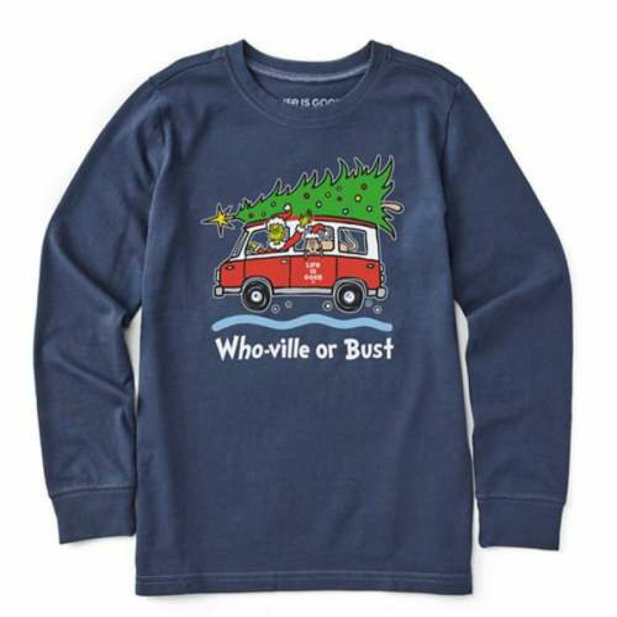 Clothing * | Cheap Shirts Kids' Life Is Good Grinch And Max Who-Ville Or Bust Long Sleeve Crusher T-Shirt Dark Blue